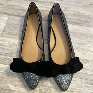 LOFT Silver Glitter Sparkle Flats with Black Velvet Bows